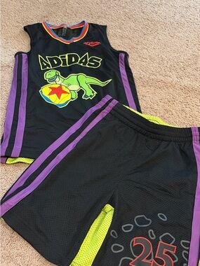 adidas Pixar Black Jersey with Neon Green, Red, Blue & Trim 2 pc shortset sz12